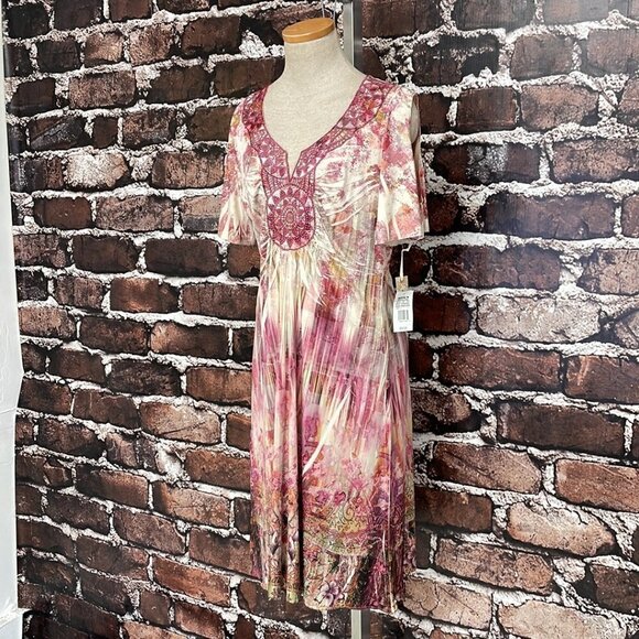 World Unity Romantic Stone Dress NWT Short Sleeve Notch Midi Pink Size Large L - Picture 5 of 17